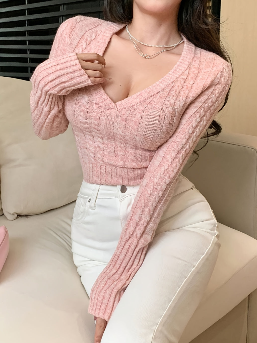 V-Neck Cable Knit Crop Sweater