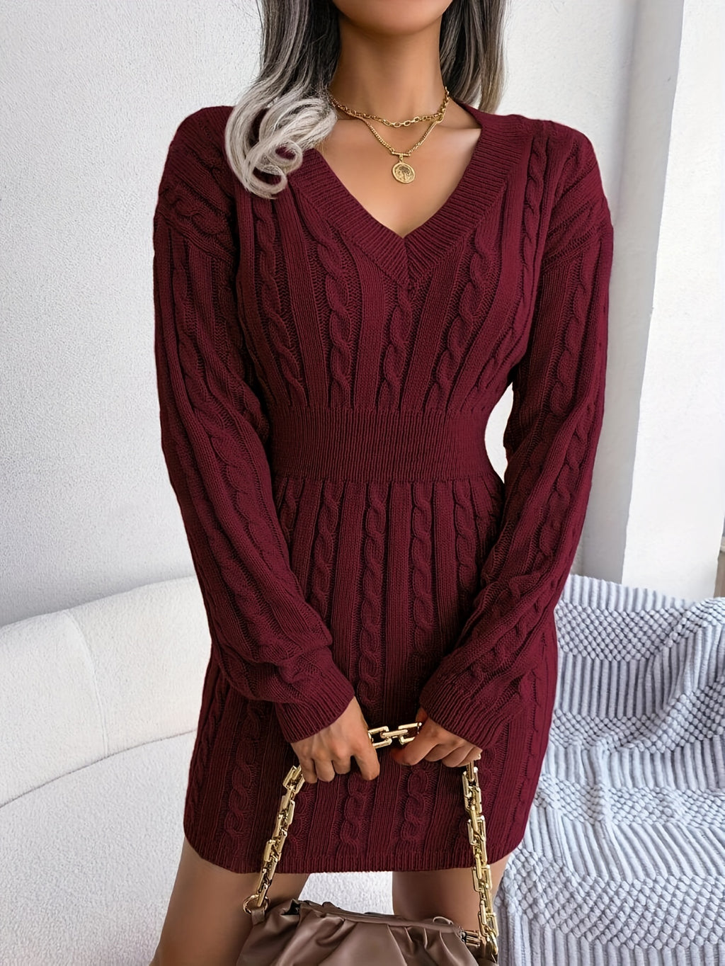 Cozy V-Neck Knit Sweater Dress