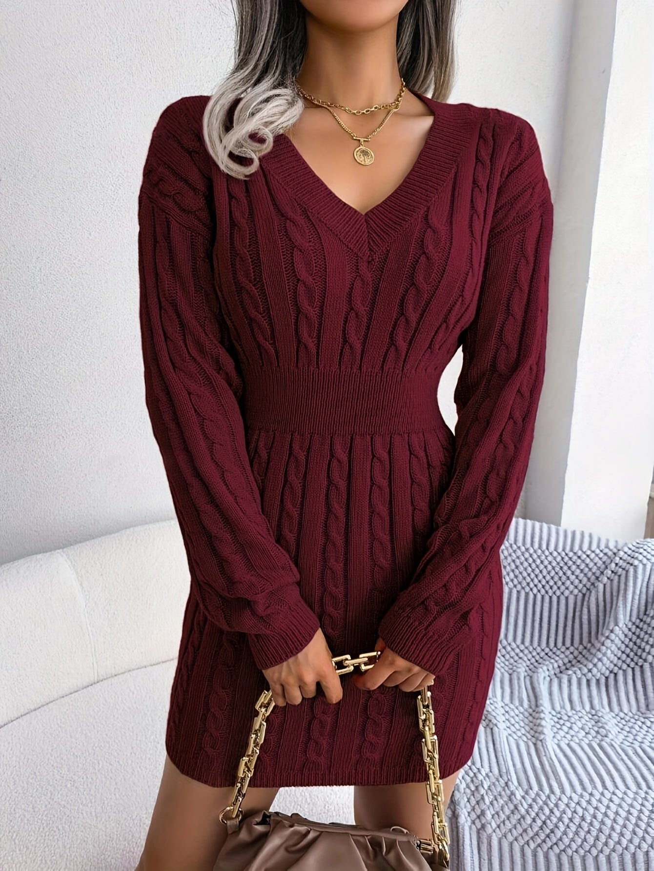 Cozy V-Neck Knit Sweater Dress