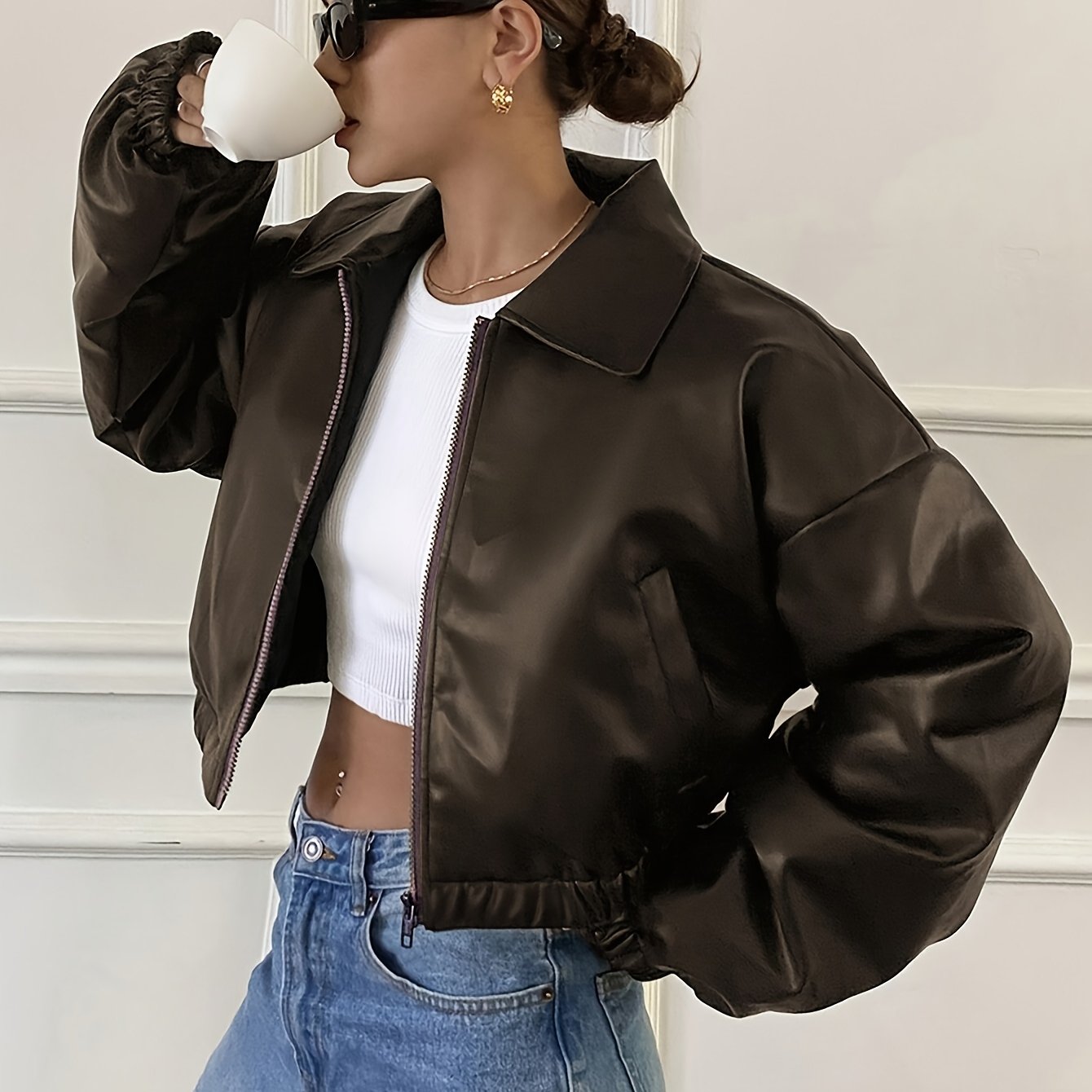 Women's Cropped Faux Leather Jacket