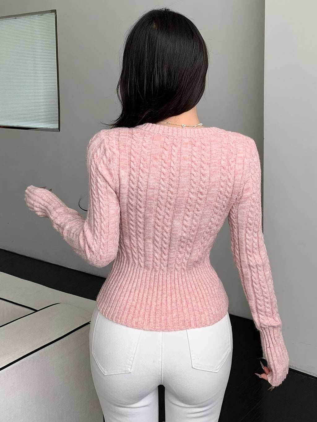 V-Neck Cable Knit Crop Sweater