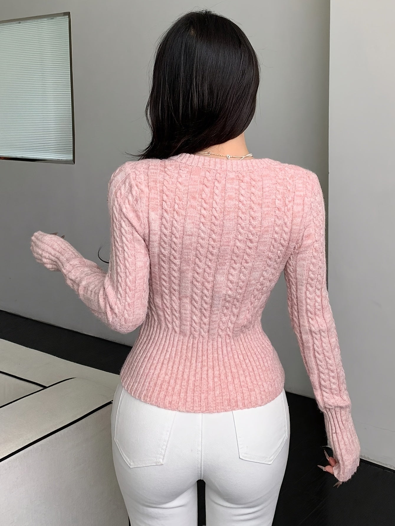 V-Neck Cable Knit Crop Sweater